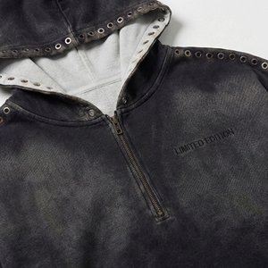 Black Washed Cropped Half‑Zip Hoodie with Metal Eyelets — Raw Hem| Streetwear Capsule OEM / Private Label - Product Image 5