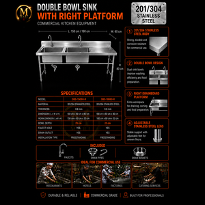 Professional Double Bowl <b>Sink</b> Right Platform 0.8mm Thickness Stainless Steel Freestanding Commercial Kitchen <b>Drainer</b> Table - Product Image 6