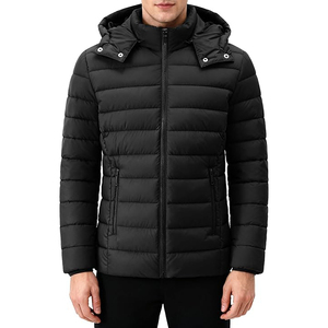 Men's Black Hooded Puffer <b>Jacket</b> Windproof Zipper Closure Polyester Winter Coat Casual Style Regular Fit - Product Image 3