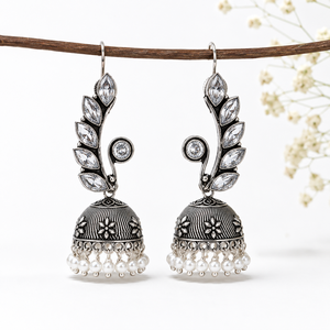 Pendientes Jhumka de Estilo Bohemio en Latón Plateado con Circonitas Corte Marquesa y Perlas de Imitación para Mujer, Ideales para Bodas - Product Image 4
