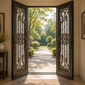 Elegante Puerta Doble de Entrada de Hierro Forjado Ornamental con Vidrio Esmerilado, Diseño de Puerta de Entrada Principal de Seguridad para Villa de Lujo - Product Image 3