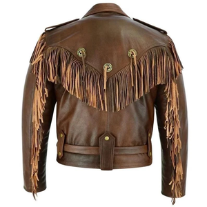 Classic <b>Men</b>’s Brown Fringe Leather <b>Jacket</b> Western Cowboy Tassel Vintage <b>Biker</b> Coat Low MOQ Wholesale Supplier - Product Image 2