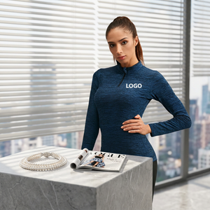 Women's Blue Textured Half-Zip <b>Long</b> <b>Sleeve</b> Quick Dry <b>Workout</b> <b>Top</b> Regular Fit Front Logo All Seasons - Product Image 5