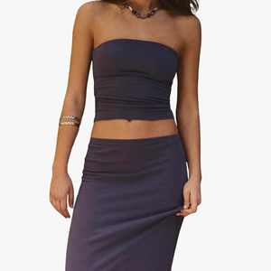 Conjunto de Top Corto sin Tirantes con Falda Maxi con Cinturón para Mujer, Color Sólido, Informal, Verano, Playa, Top Corto Transpirable - Product Image 3