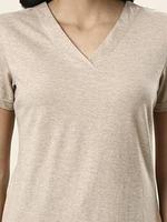 T-shirt pour femme à manches courtes en tissu respirant, col en V classique, couleur unie élégante, pour toutes les saisons.