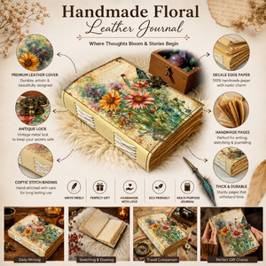 Handmade Floral Leather <b>Journal</b> Vintage Hardcover Diary Antique Lock Coptic Stitch Binding Deckle Edge Paper <b>Writing</b> Sketch - Product Image 5