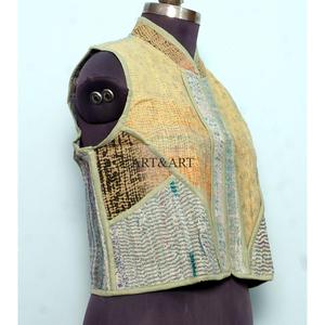 Gilet sans manches en coton 100% pour femme, tricoté à la main, écologique, respirant, séchage rapide, style vintage Kantha, col en V, automne - Product Image 4