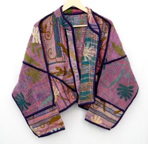 Elegant Printed Floral Stripe Knitted Kantha Cotton <b>Jacket</b> <b>Mandarin</b> <b>Collar</b> Regular Sleeve Women's Outerwear Autumn Winter - Product Image 2