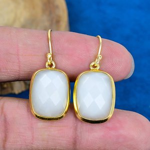 Natural Handmade White Moonstone Cushion Shape Gemstone Drop Earrings 18k Micron Gold Over 925 <b>Sterling</b> <b>Silver</b> - Product Image 2