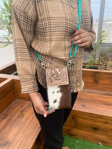 New Handmade Western Hair on Tooled Leather Turquoise Mobile Cross Bar Bag Custom Genuine Leather Women Western Phone Handbag - Product Image 3