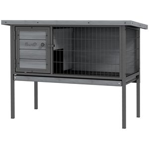 Gabbia per Conigli in Legno con Vassoio Rialzato Anti-Perdita e Tetto Apribile per Uso Interno/Esterno, Grigia - Product Image 1