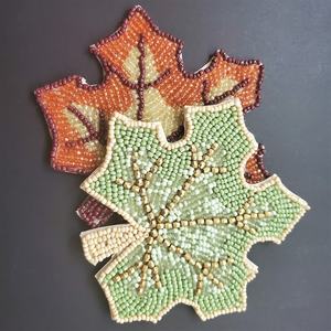 Handmade Beaded Maple Leaf Luxury Coasters Set Reusable Eco-Friendly Fabric <b>Bar</b> <b>Mats</b> Classic Autumn Design Orange Yellow Brown - Product Image 5