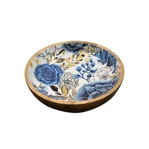 Bol en bois d'acacia fait main avec motif de feuilles bleues, intérieur émaillé, style bohème, pour servir des aliments, offrir en cadeau - Product Image 6