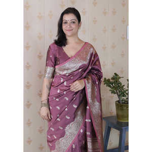 Elite Weaves Dusty Pink Banarasi Soft Silk Saree with Silver Zari Woven <b>Indian</b> & <b>Pakistani</b> <b>Clothing</b> 650g - Product Image 3