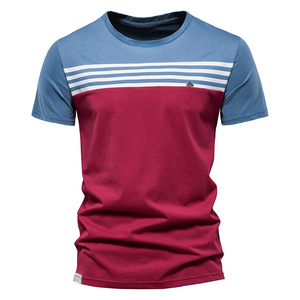 Men's Color Blocked Striped T-<b>Shirt</b> Short Sleeve O-Neck Casual Breathable Knitted Top Regular Fit Red Blue <b>White</b> Pattern - Product Image 1