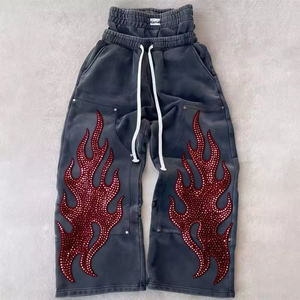 Wide Leg <b>Trousers</b> Gothic Y2K Fashion Pants Red Crystal Fire Solid Elastic Waist Drawstring Fleece Leggings Hip Hop Casual 100% - Product Image 5