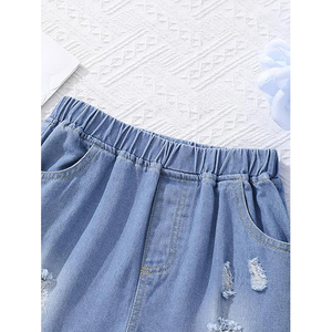 Hem Denim Shorts With Subtle Ripping On <b>Thighs</b> Mid Rise Vintage Light Wash Distressed Denim Shorts - Product Image 4