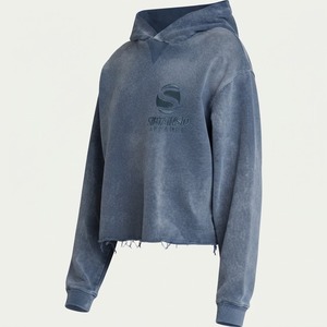 Heavyweight Vintage Copped <b>Hoodies</b> No Strings Distressed Embroidery Patch Unisex Raw Hem Acid Washed Cropped Hoodie <b>Men</b> - Product Image 3