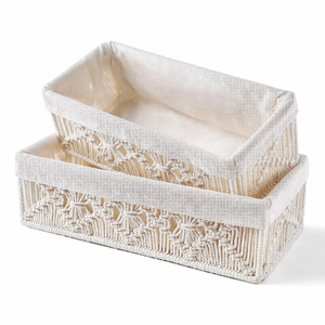 Set Of 2 White Macramé Storage <b>Baskets</b> With <b>Handles</b> For Bathroom Organization Nordic Style Decorative Woven Rope <b>Basket</b> - Product Image 1