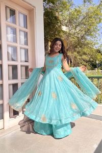 NILESH TAILOR FASHION Floor-Length V-Neck Full Sleeve Woven for Satin Heavy Fabric Floral Pattern <b>Elastic</b> Work <b>Dress</b> - Product Image 3