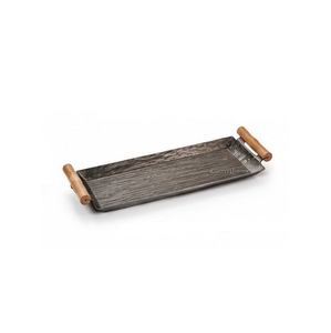 Plateau de service rectangulaire avec poignées en bois, finition noire mate, usage résidentiel - Product Image 1