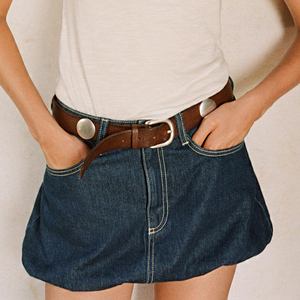 High Quality Mid Rise <b>Balloon</b> Hemline Mini Denim Skirt <b>Balloon</b> Skirt Fashionable Contrasting Seam Detail Denim Mini Skirts - Product Image 3