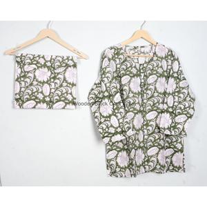 Conjunto de Pijama de Manga Larga para Mujer, 100% Algodón, Estampado Floral Hecho a Mano, Cuello Redondo, Suave y Cómodo, Cintura Elástica, para Primavera - Product Image 3