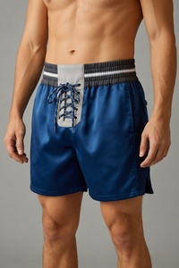 Shorts de boxe bleus pour hommes avec laçage gris sur le devant et taille élastique, en polyester respirant, pour l'entraînement toutes saisons - Product Image 1