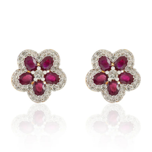 18K Solid Gold Ruby Cherry Blossom Flower Earrings with Diamond and Pearl Accents - Product Image 2