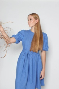 Nouvelle arrivée Robe midi en coton à manches bouffantes, col rond, silhouette en A, écologique, respirante, bleu bleuet, pour femmes, été - Product Image 5
