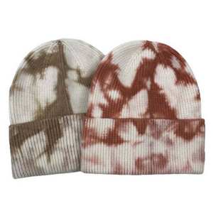 Bonnet en cachemire côtelé à revers pour adultes, motif crâne tie-dye noir-gris profond, collection automne-hiver 2026 - Product Image 1
