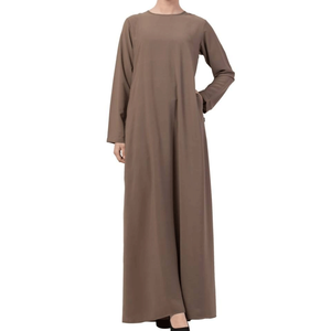 Abaya en coton de couleur unie pour femme, manches longues, longueur au sol, coupe ample, robe modeste, col rond, tenue quotidienne, style Moyen-Orient - Product Image 2