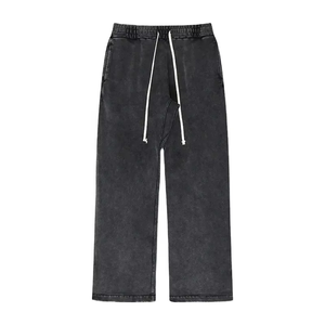 Men's Wide Leg Pants <b>Elastic</b> <b>Waist</b> Drawstring Black Cotton Casual Autumn Style Sand Washed Breathable Side Pockets - Product Image 1