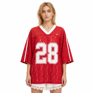 Fashion Lace Women's American Football Jersey Oversized <b>Mesh</b> <b>Top</b> V Neck Short Sleeve Custom Streetwear Manufacturing - Product Image 1