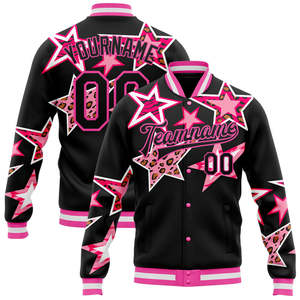Custom Pink Star Leopard Print Varsity <b>Jacket</b> <b>Men</b> Plus Size Casual Autumn Black Polyester Front Logo Turn-down Collar - Product Image 1