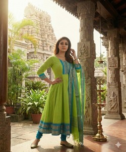 ชุดเดรสผ้าฝ้ายลายแจ็คการ์ดปักลายลูกไม้แบบดั้งเดิม พร้อมผ้าคลุมไหล่ สำหรับงานเทศกาล ราคาขายส่ง เสื้อผ้าชาติพันธุ์ สีเขียวพาร็อต - Product Image 1