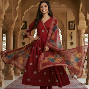 Conjunto de Kurta Angrakha de seda romana con bordado granate, pantalón y dupatta para mujer, completamente cosido, disponible al por mayor. - Product Image 1