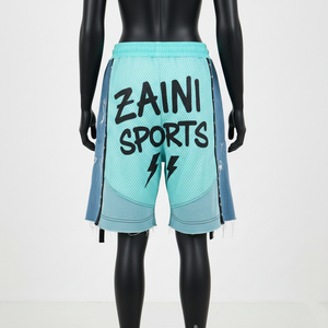 กางเกงขาสั้นผู้หญิงพรีเมียม 180 GSM ผ้าโพลีเมชระบายอากาศสีเขียวอมฟ้า แต่งแถบข้างด้วยผ้าเดนิม พร้อมโลโก้แบบรีดร้อนตามสั่ง - Product Image 2