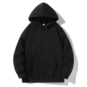 Sweat-shirt à capuche noir pour femme, 100% coton, tricoté, pull-over, vêtement d'automne, couleur unie, coupe classique avec poches - Product Image 1