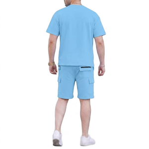 Conjunto de Camiseta y Pantalones Cortos de Punto Azul Claro para Hombre, Cuello Redondo, Ropa Casual de Verano, Transpirable, 100% Algodón - Product Image 3