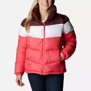 Women's Color Panel Shiny Puffer Jacket Stand Collar Full Sleeve Winter Thick Polyester Zipper Closure Padded Puffer Jacket - Product Image 1