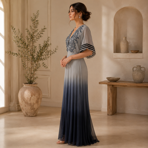 Women Ombre Maxi Dress Navy Grey Embellished V Neck Evening Gown Flowy Pleated Short Sleeve Elegant Formal Party Cocktail - Product Image 3