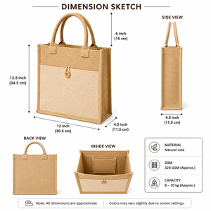 Jute Shopping <b>Bag</b> <b>Medium</b> <b>Size</b> Button Closure Hand Length Handle Tote for Exhibition & Wedding Daily Use - Product Image 2