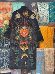 Black Embroidered Velvet Kimono Coat Handcrafted Long <b>Duster</b> Jacket Boho Statement Outerwear Festival Wear Summer 100% Cotton - Product Image 6