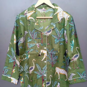 Ensemble pyjama coordonné imprimé animal pour femme, vêtements de détente décontractés d'été, vêtements de nuit doux et respirants 100% coton, chemises de nuit mi-longues - Product Image 1