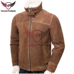 Mens Real Brown <b>Suede</b> <b>Leather</b> <b>Jacket</b> Shearling Aviator Coat Faux Fur Collar Winter Warm Fleece Custom Classic Outerwear - Product Image 2