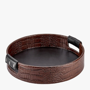 Plateau rond en cuir de crocodile noir, texture crocodile, cuir PU, avec deux poignées, accessoires pour la maison - Product Image 5