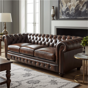 Sofá Chesterfield de 3 Plazas en Cuero Marrón, Fabricante de Sofás Acolchados para Sala de Estar, Muebles de Hotel para Exportación - Product Image 1