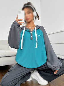 Wholesale Women's Waffle Knit Hoodies Color <b>Block</b> Henley Pullover Raglan Sleeve Button Placket Autumn Wear Private Label - Product Image 4