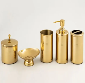 Luxurious satin brass metal bathroom organizer set showcasing subtle mesh micro texture, available at wholesale price - Product Image 3